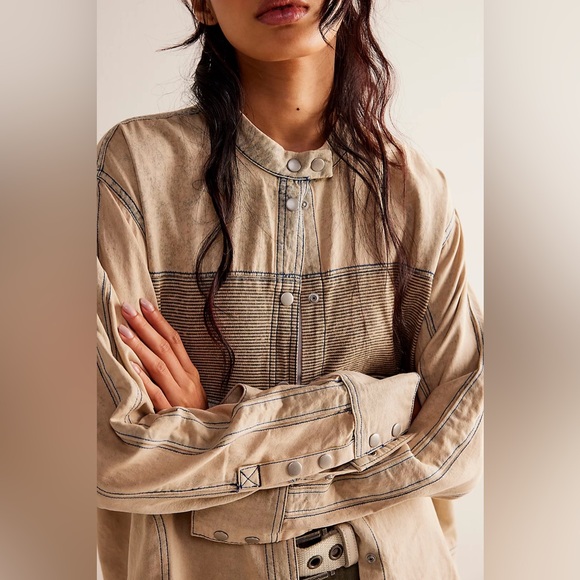 Free People Moto Color Block Shirt in Sand Jam small bikercore - Picture 2 of 13